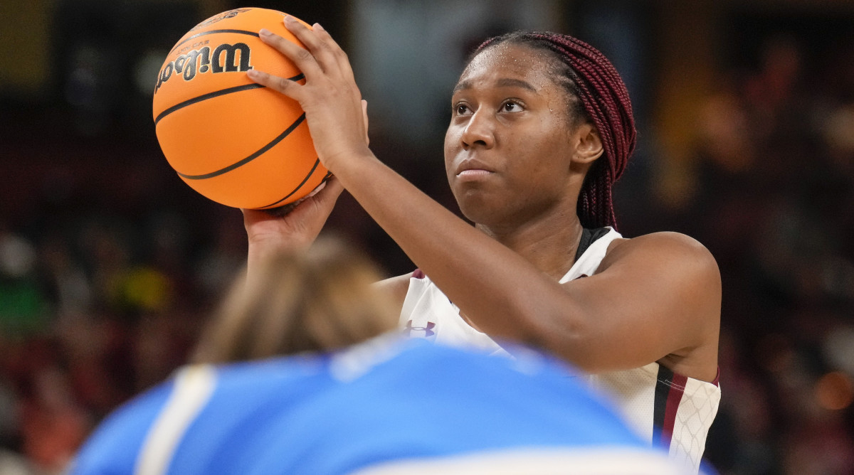 South Carolina Gamecocks forward Aliyah Boston eyes the basket for a free throw against the UCLA Bruins during the NCAA women’s tournament.